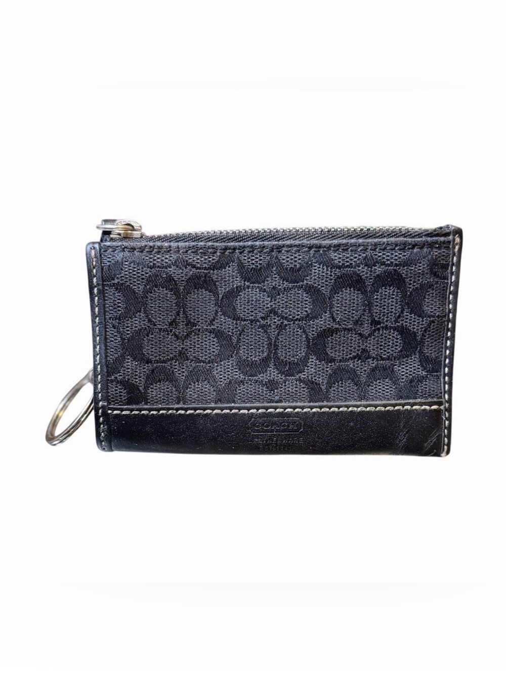 Coach Signature C Zipper Black Card Key Wallet Canvas And Leather Trim
